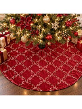 Arctic Holiday Christmas Tree Skirt 55" Burgundy Velvet Gold Embroidered Elegant